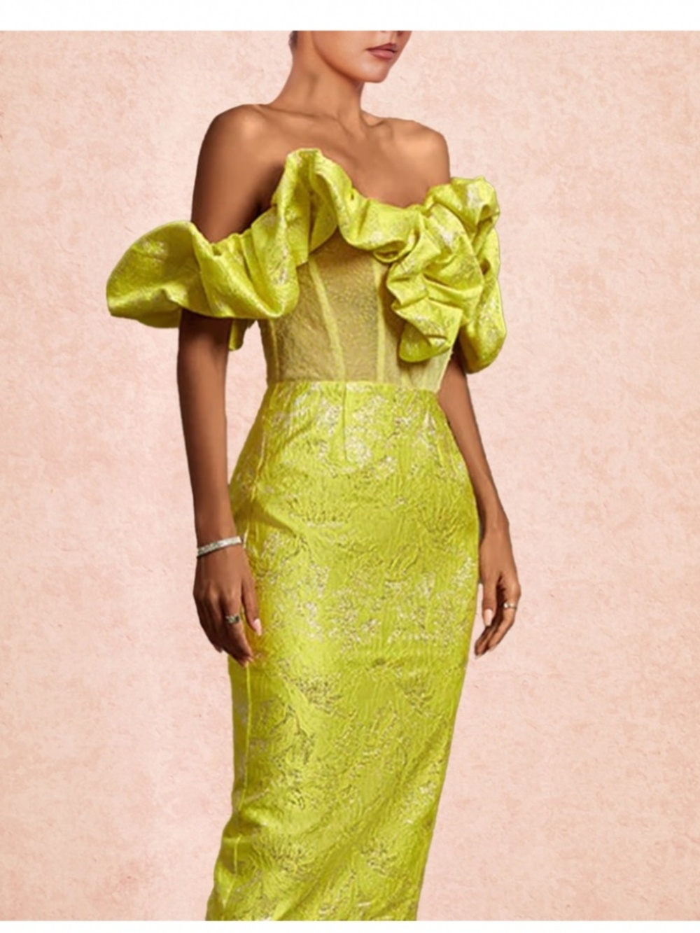 NWT Bella Barnett Yellow Ruffled Off-Shoulder Cocktail Dress size L